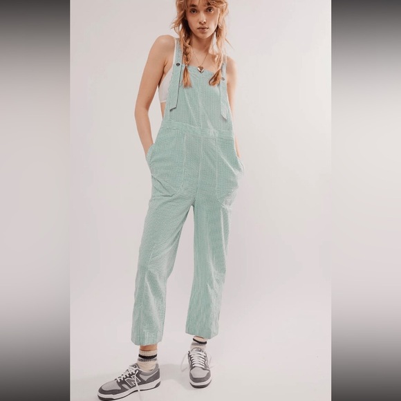 Free People Salopette In Town Green Striped Overalls Size Small New - Picture 10 of 10